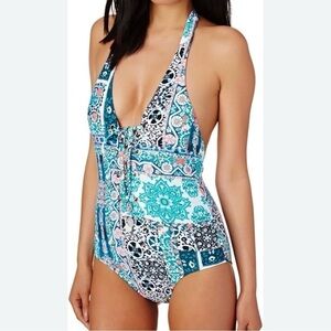 SEAFOLLY Women’s Blue Multi Print SILK MARKET Lace Up Halter Swimsuit Size US 4